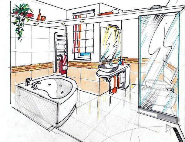 disegno prospettico bagno con vasca angolare